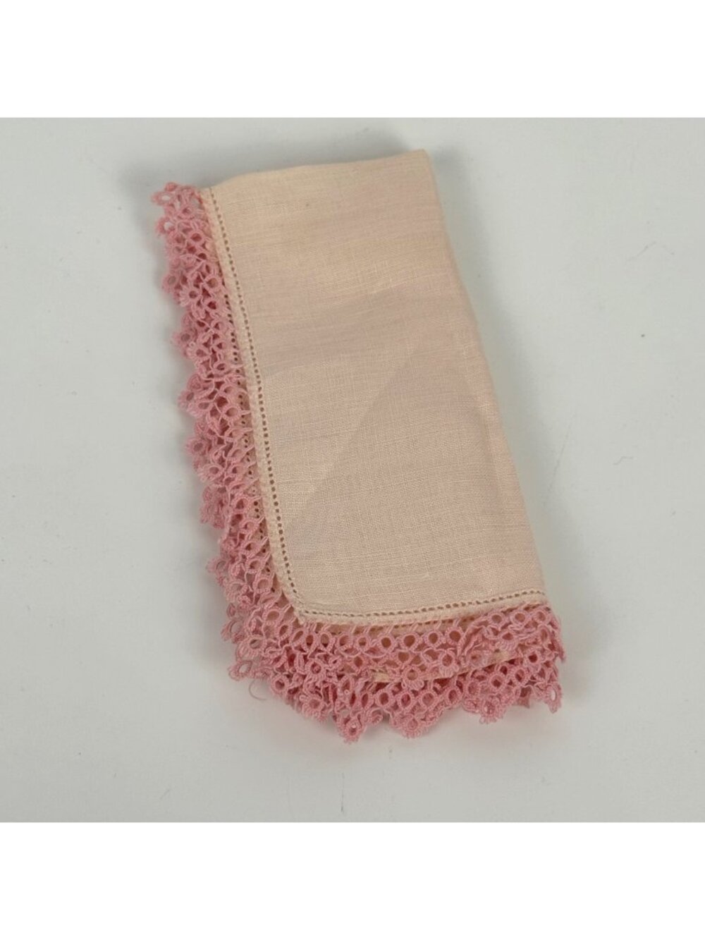 Vintage Pink Linen Handkerchief Tatted Lace Edge